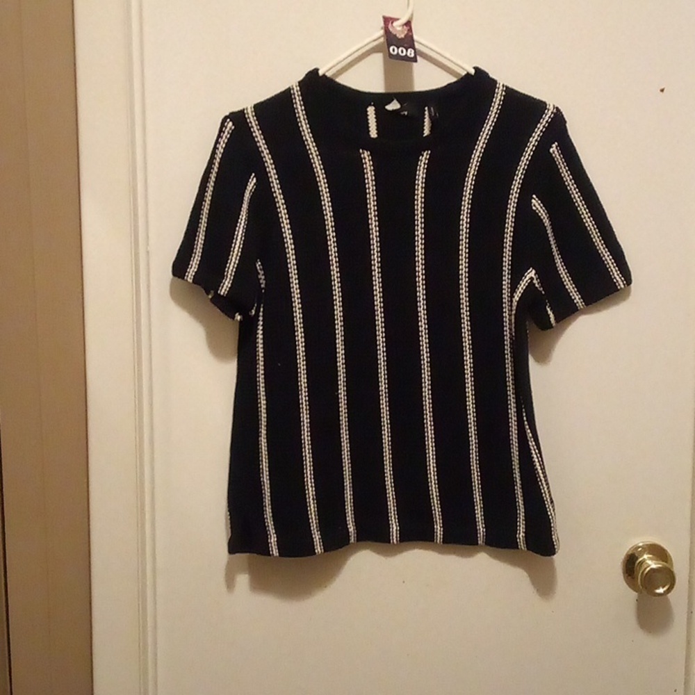 NWOT - Theory Knit Navy Blue & White Striped Short Sleeve Pullover Top - Medium
